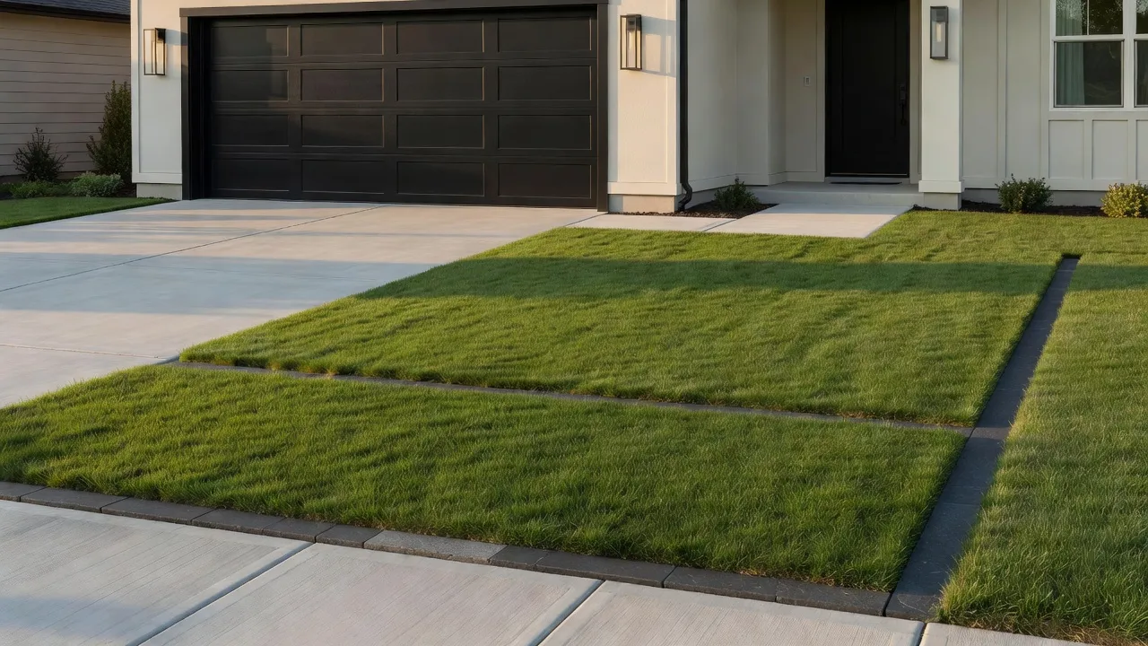 Modern carriage style black garage door and clean concrete driveway boosting front yard curb appeal.