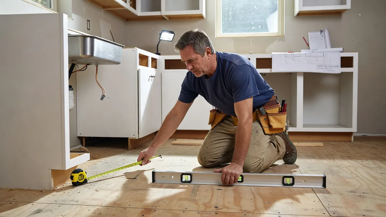 Contractor checking subfloor levelness before laying new kitchen flooring.