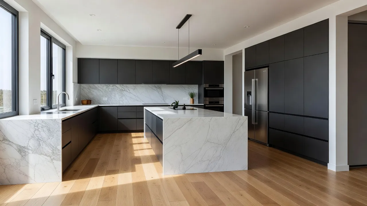 Modern kitchen featuring warm oak luxury vinyl plank flooring and white shaker cabinets.