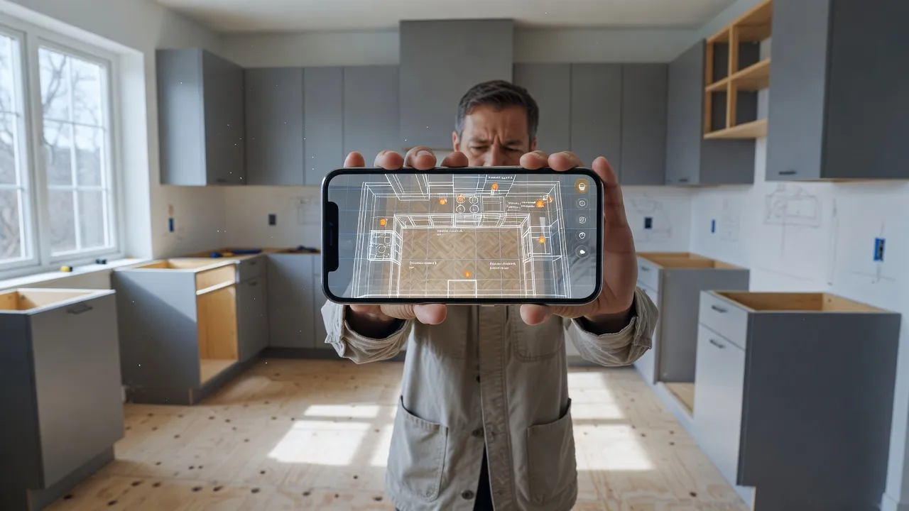 Homeowner using an AI app on a smartphone to test floor swaps in a kitchen.