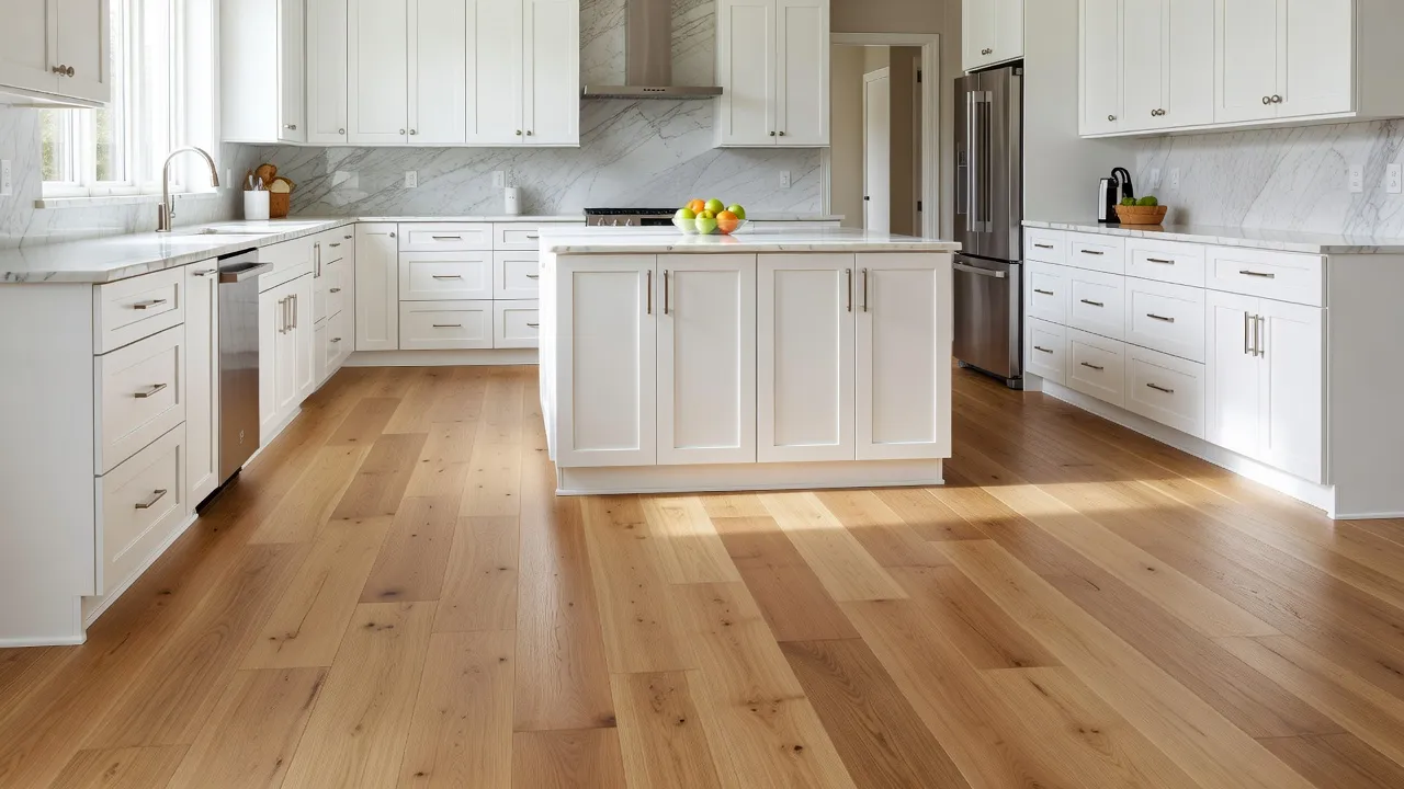 Modern kitchen featuring warm oak luxury vinyl plank flooring and white shaker cabinets.