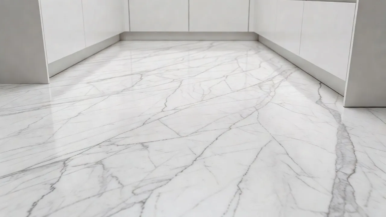 Seamless marble-pattern sheet vinyl flooring installed in a clean kitchen.