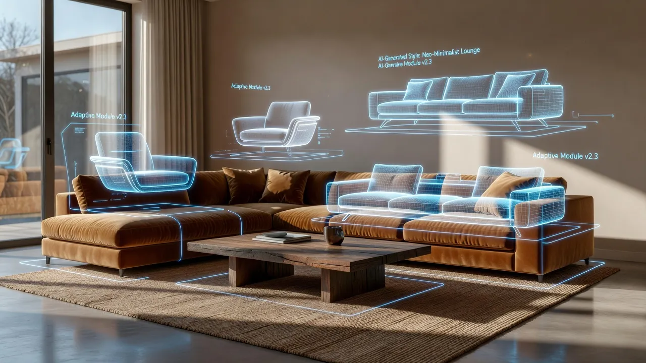 Modern bright living room displaying digital AI interior design style transformation overlay