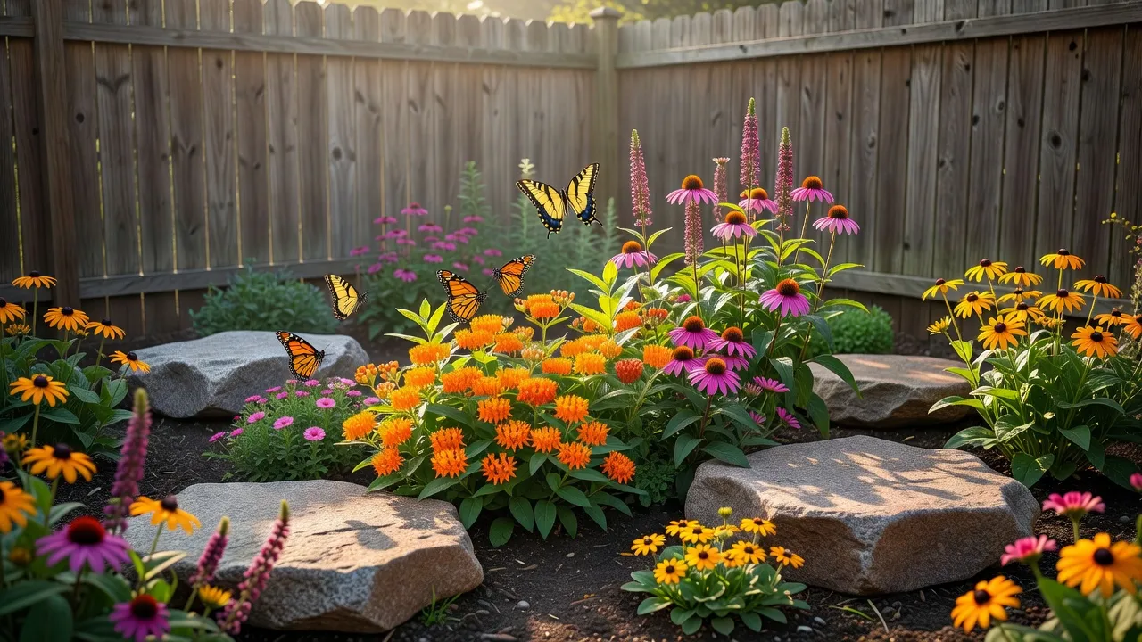 A sunny butterfly garden design plan featuring native flowers, basking stones, and wind protection.