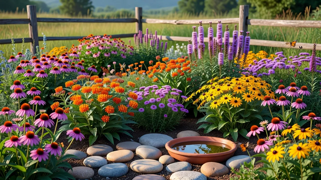 A vibrant native butterfly garden design plan featuring purple coneflowers, orange milkweed, and a monarch butterfly in bright morning sunlight.