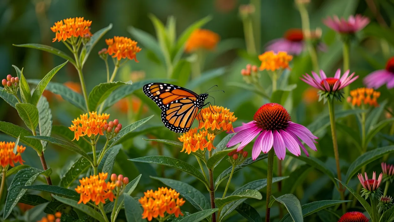 Monarch butterfly extracting nectar from a dense cluster of orange milkweed flowers.