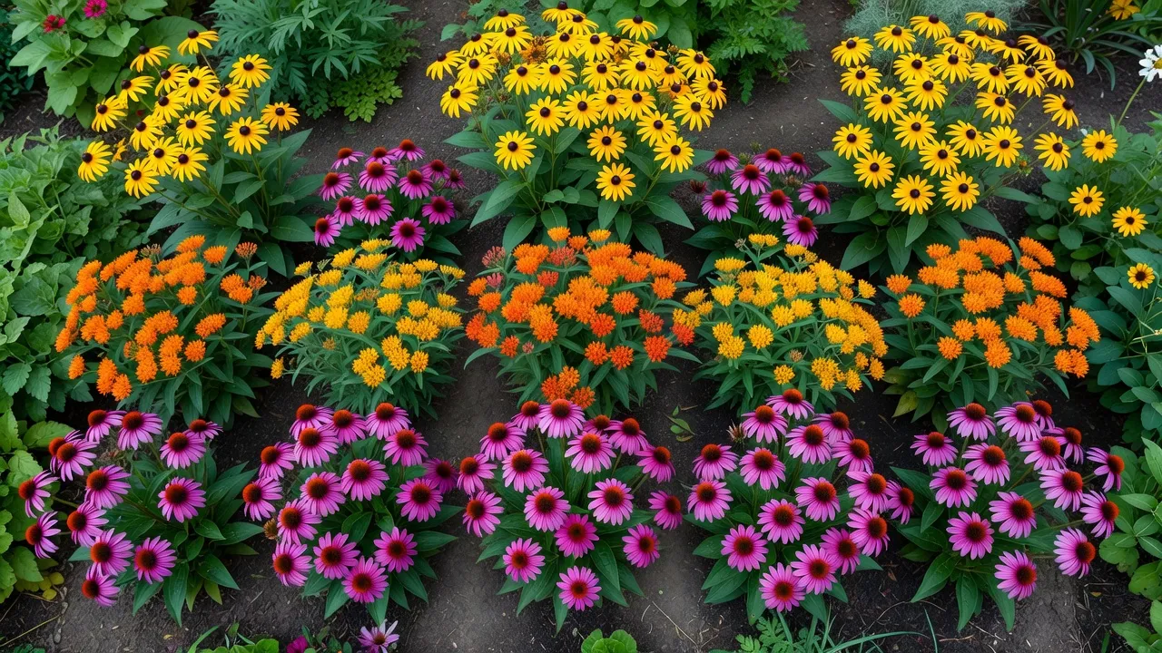 Top-down layout diagram of a native butterfly garden bed with grouped flower clusters.