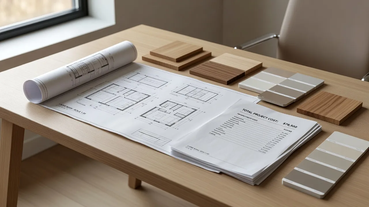 Detailed financial planning setup for home renovation showing budget charts, fabric swatches, and floor plans.