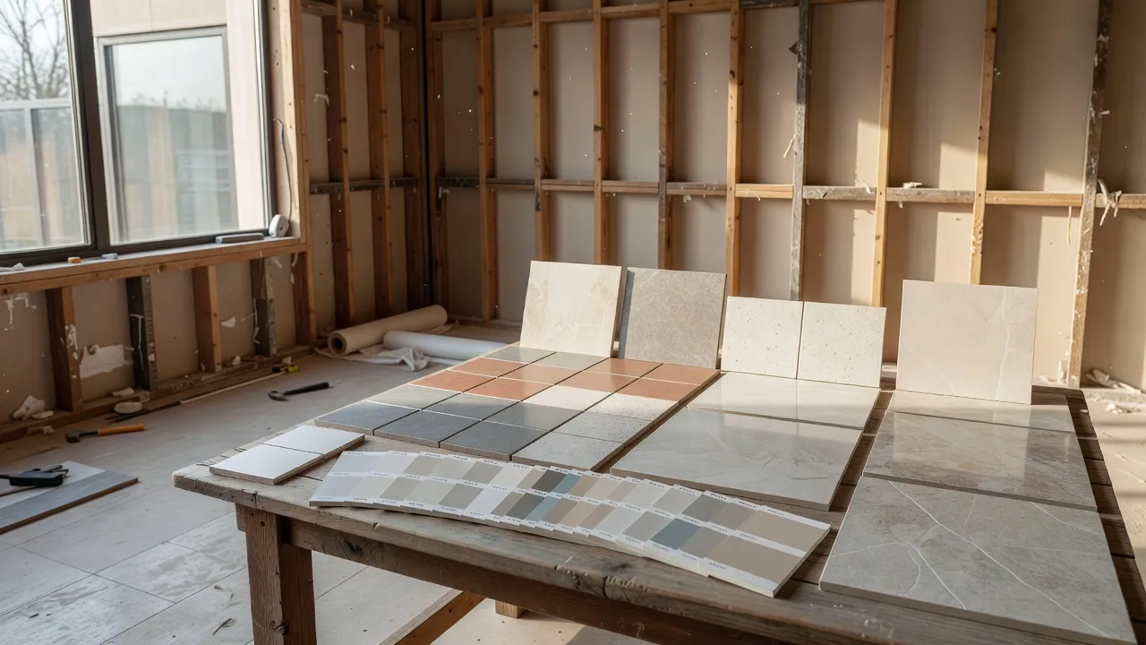 Home renovation cost planning setup featuring architectural blueprints, material samples, and floor plans.