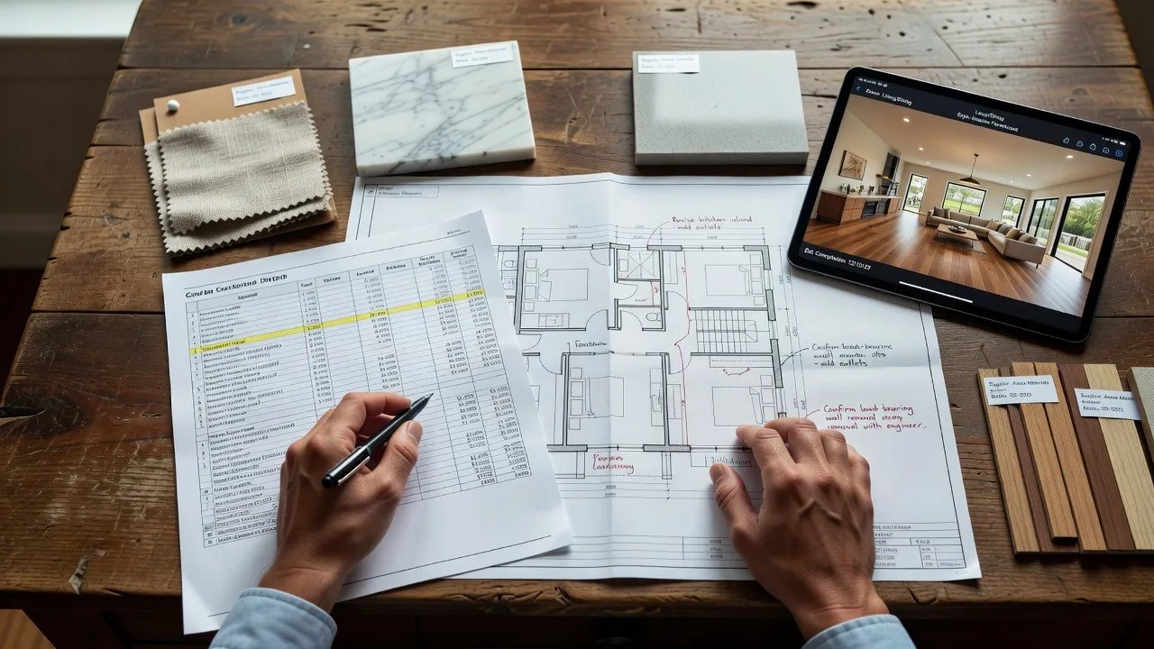 Homeowner calculating home renovation costs using budget spreadsheets and material samples.