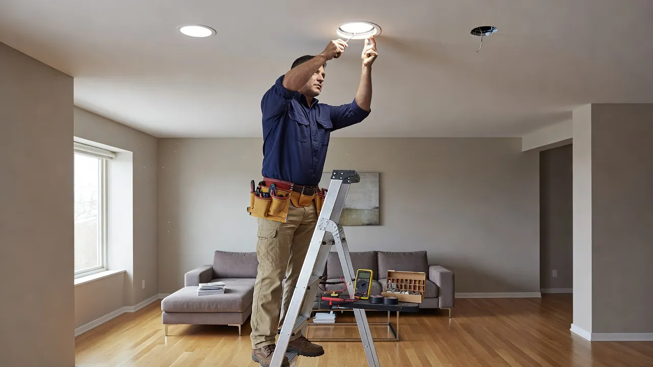 Licensed electrician installing ceiling recessed lights during a residential home remodel project.