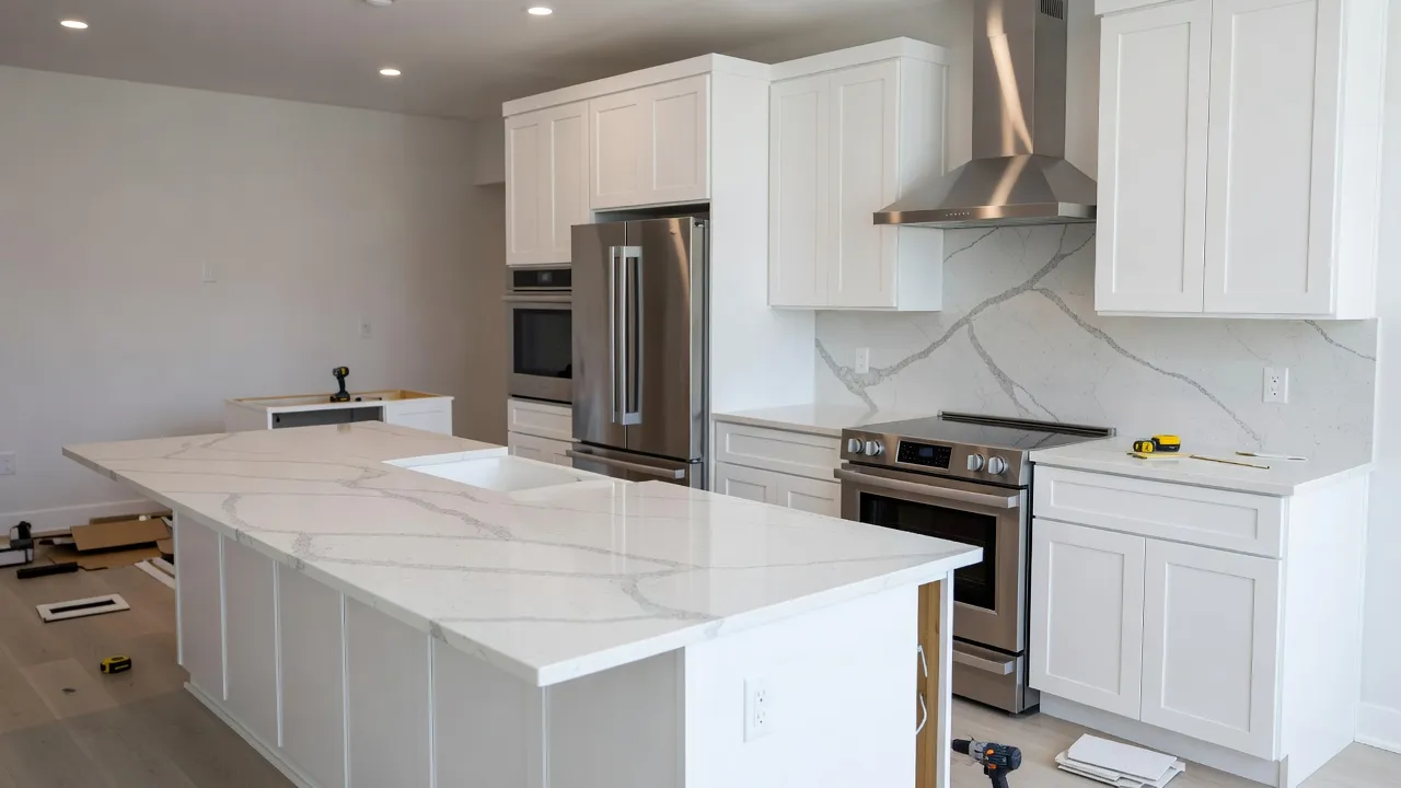 Newly remodeled modern kitchen displaying installed quartz countertops and custom cabinetry.