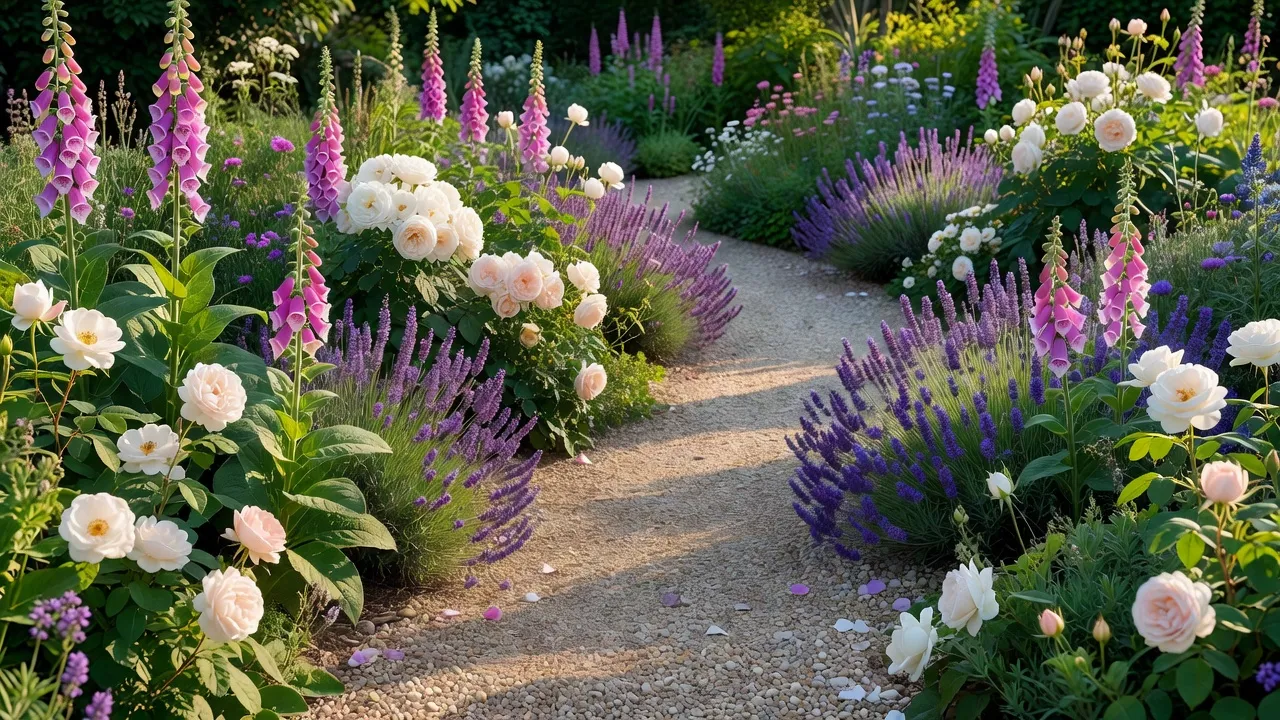 Curving pea gravel path surrounded by colorful cottage garden flowers and natural stone edging.