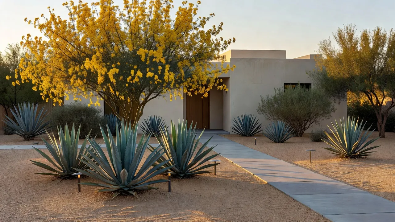 Modern desert front yard landscape with Palo Verde tree, agave plants, and warm decomposed granite groundcover at sunset.