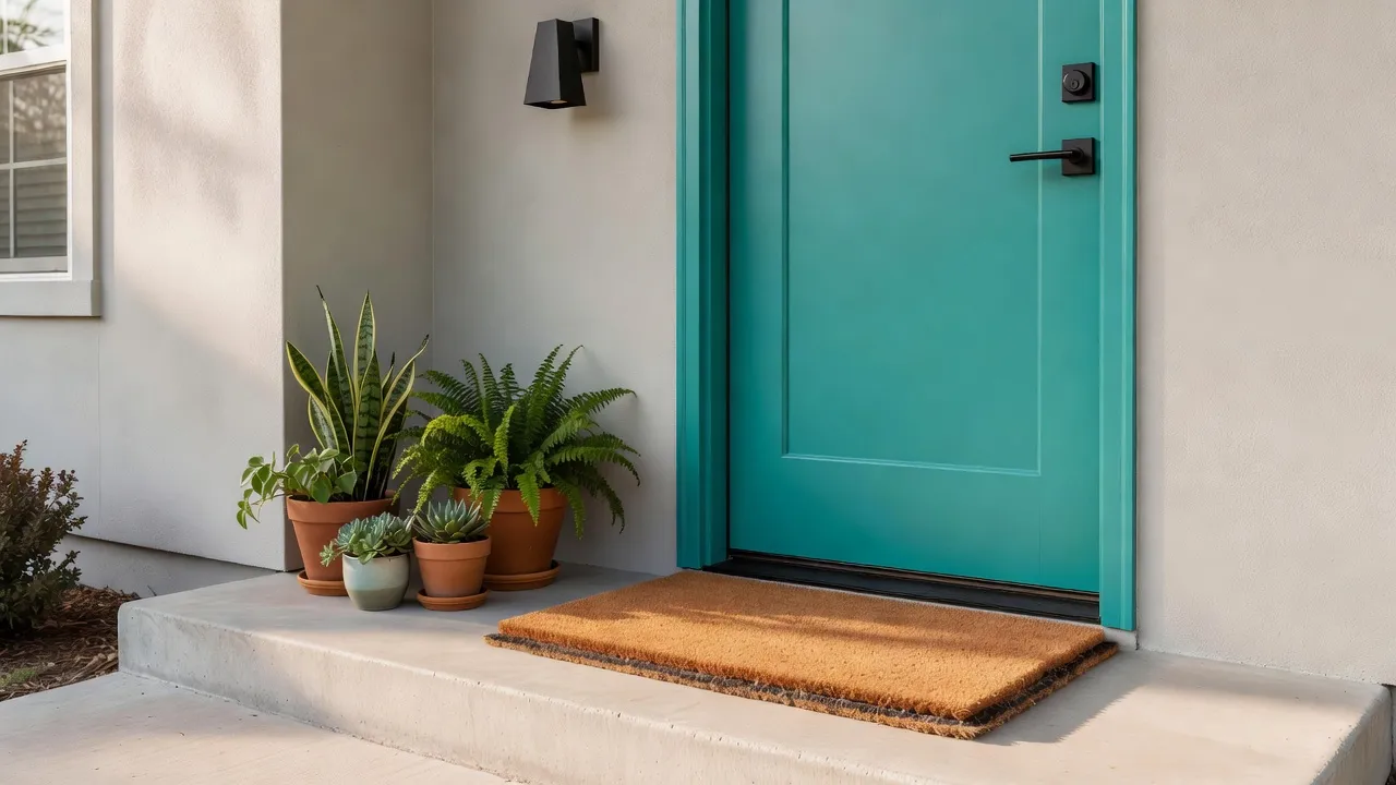 Small front porch with painted teal front door, modern black lighting fixture, layered doormats, and potted plants on a budget.