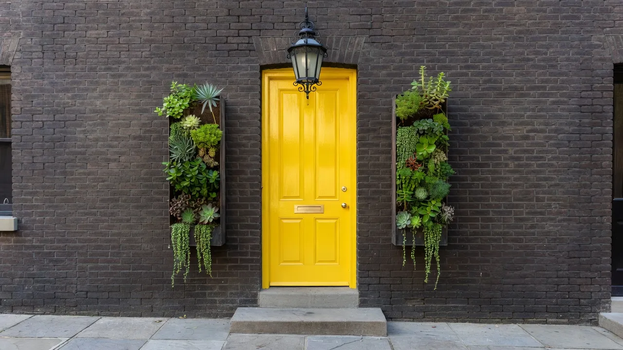 Narrow townhouse small front porch with high-gloss yellow paint on the door and vertical wall planters to save floor space.