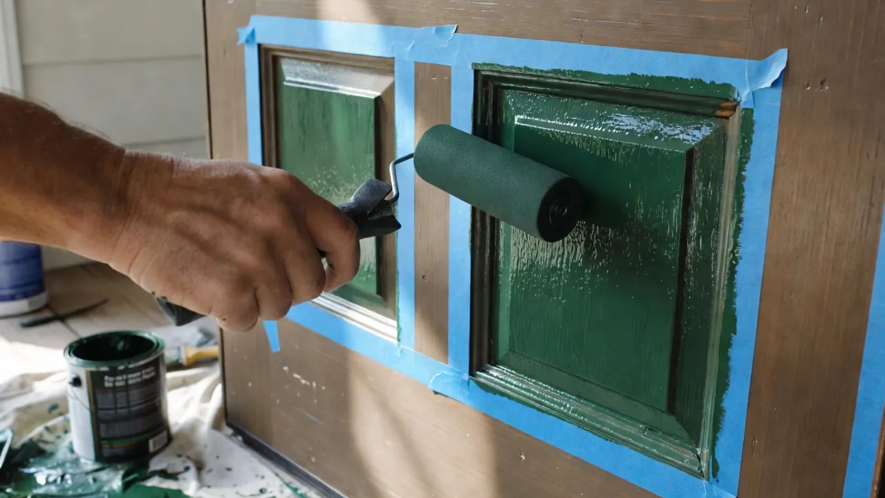 Painting a small front porch door with forest green paint using a foam roller for a budget makeover.