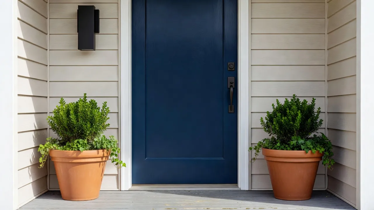 Small front porch featuring a navy blue painted front door, modern matte black wall light fixture, and symmetrical potted plants on a budget.