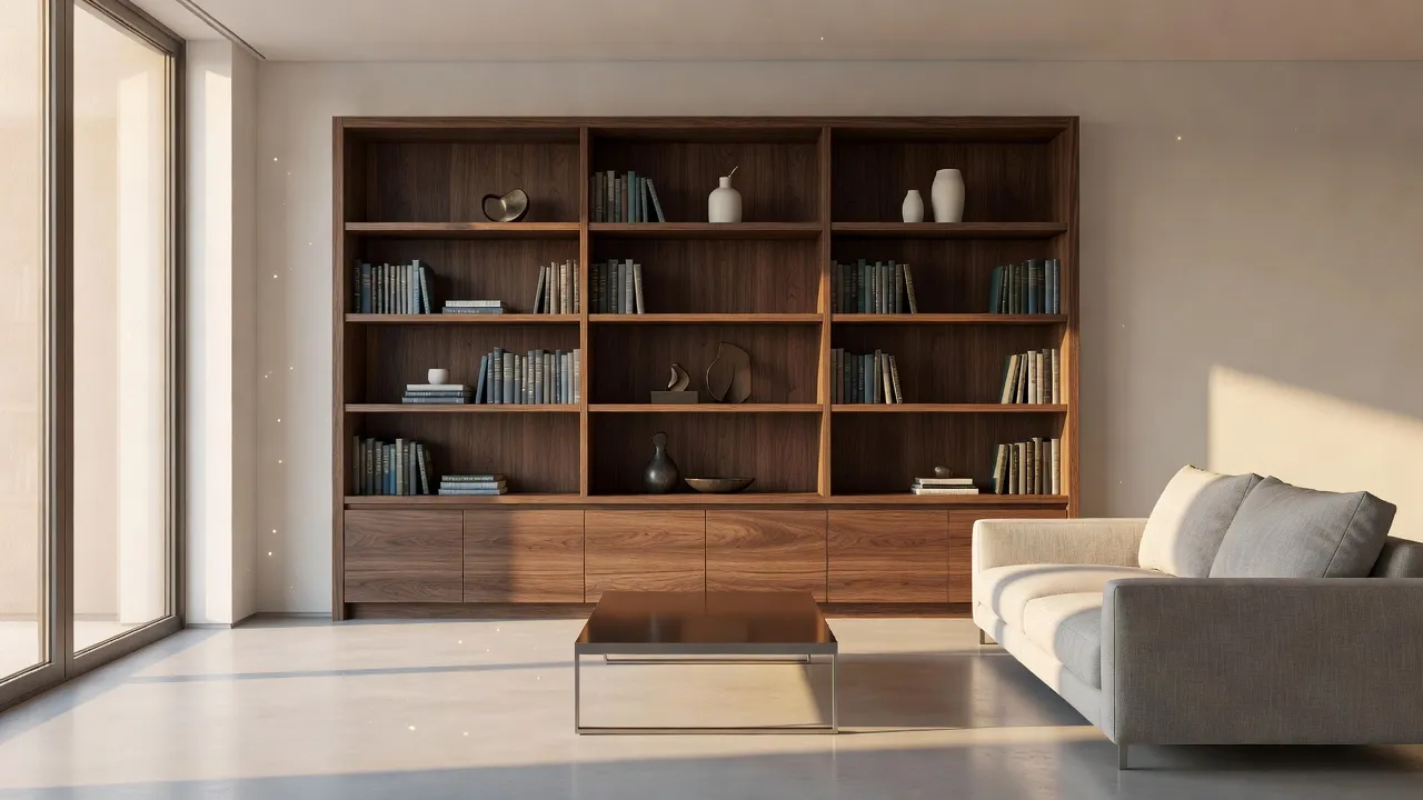 Custom built-in walnut cabinetry designed specifically for an architectural niche in a modern living room.
