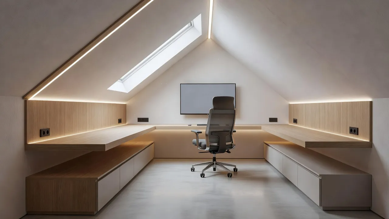 Custom fitted desk and shelving built into a sloped attic ceiling for an ergonomic home office.