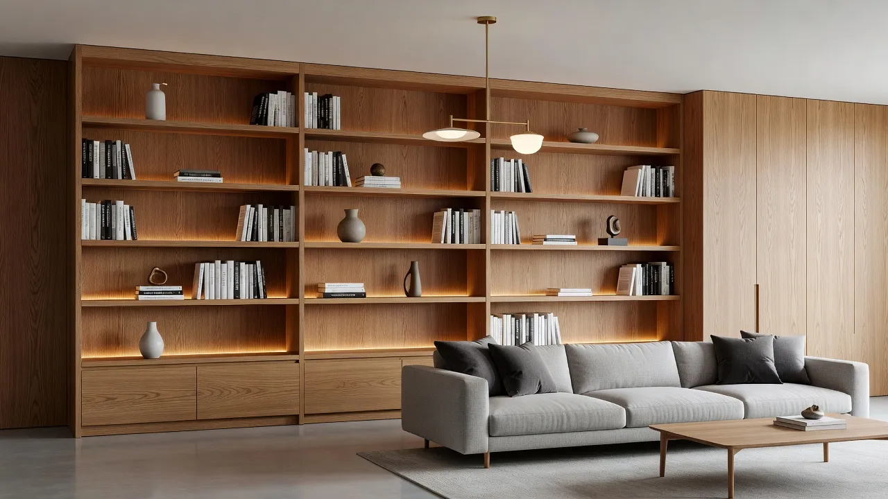 Modern open-concept living room featuring tailored custom cabinetry and floor-to-ceiling built-in shelving.