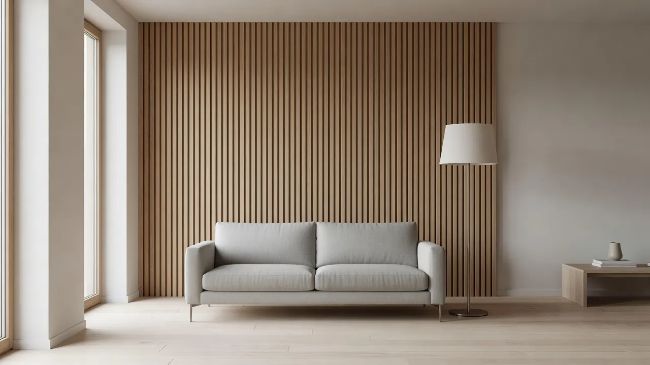 Modern living room featuring a vertical acoustic oak wood slat decorative wall panel accent behind a sofa.