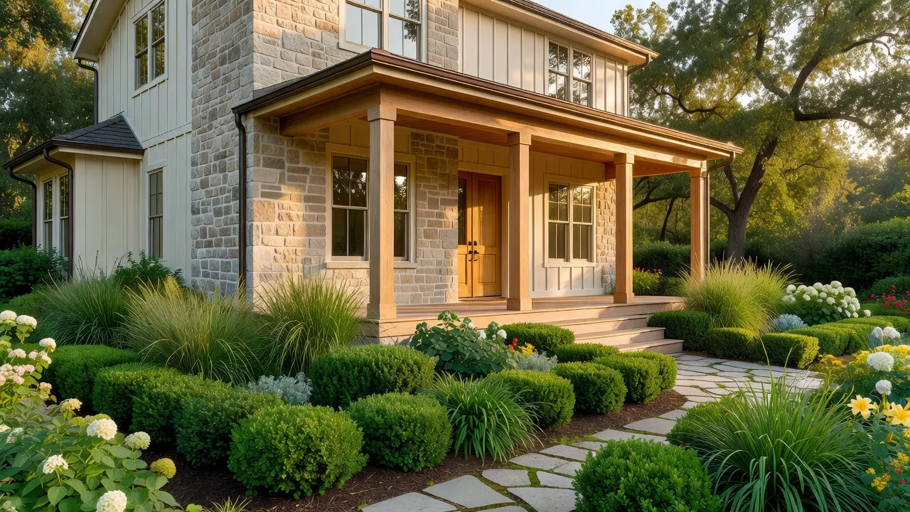 Evolved 2026 modern farmhouse architecture featuring natural stone cladding and warm wood accents.
