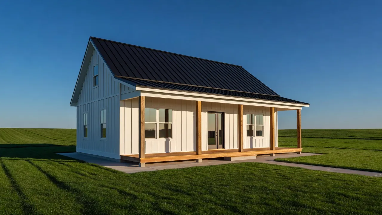 Beautiful modern farmhouse style architecture featuring crisp white board and batten siding, dark metal roof, and broad front porch.