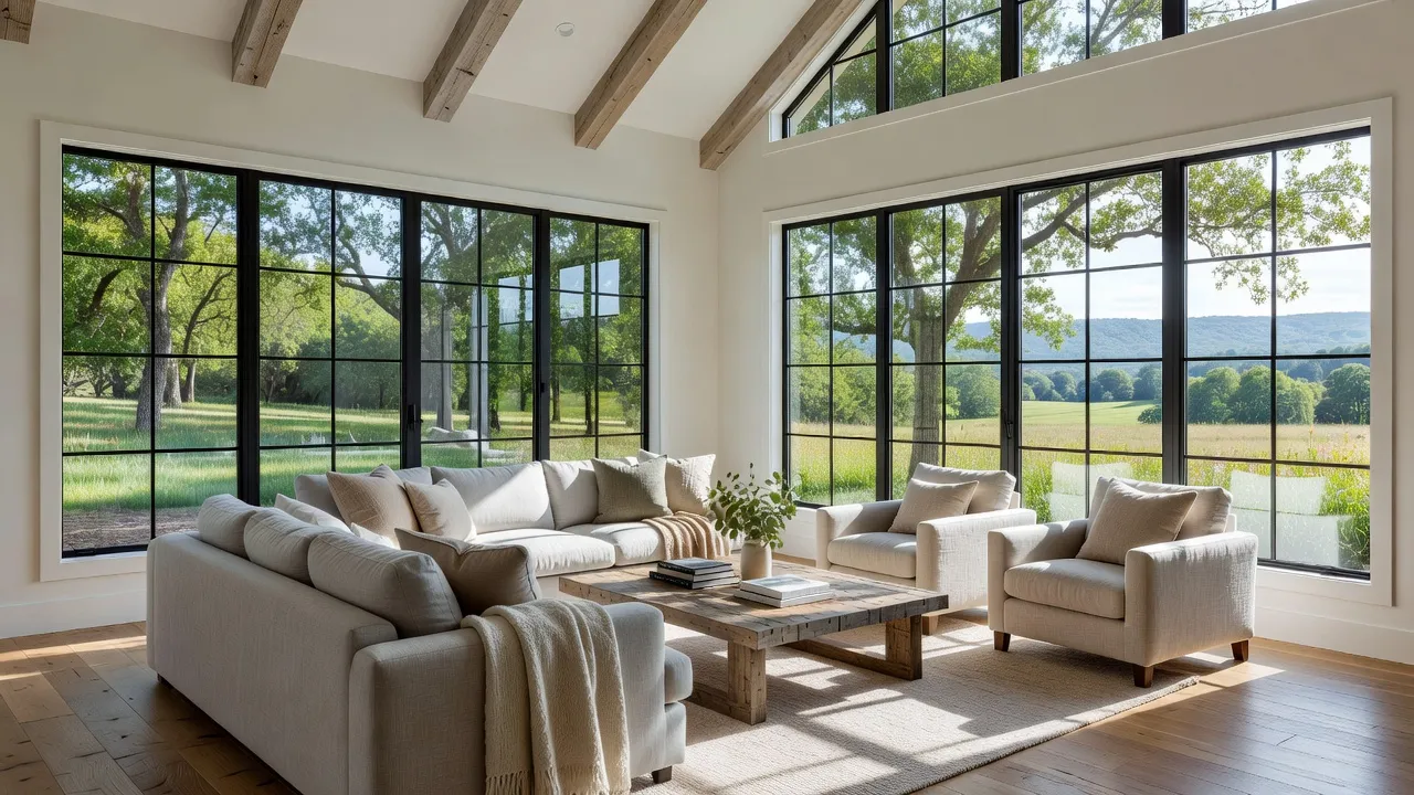 Modern farmhouse interior with black window frames providing high contrast against white walls.
