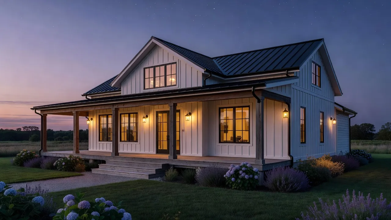 Modern farmhouse style architecture showing white board and batten siding with black frame windows and metal roof.