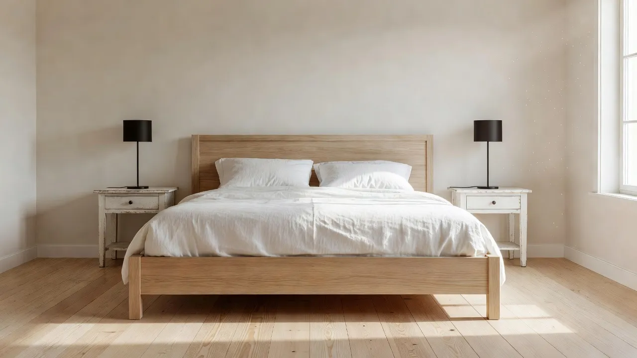 Cozy modern farmhouse bedroom with a light oak wood bed frame, distressed white nightstands, and soft neutral textiles.
