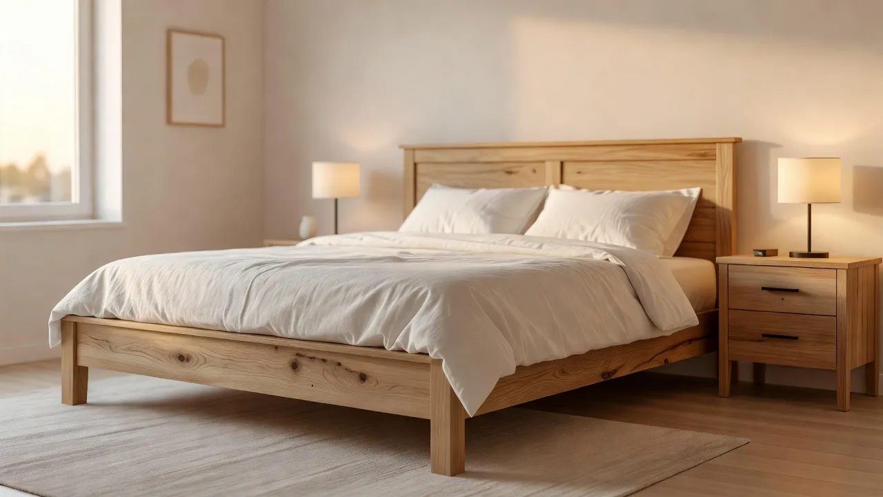 Modern farmhouse style bedroom set with light oak bed frame and white bedding in a bright room.