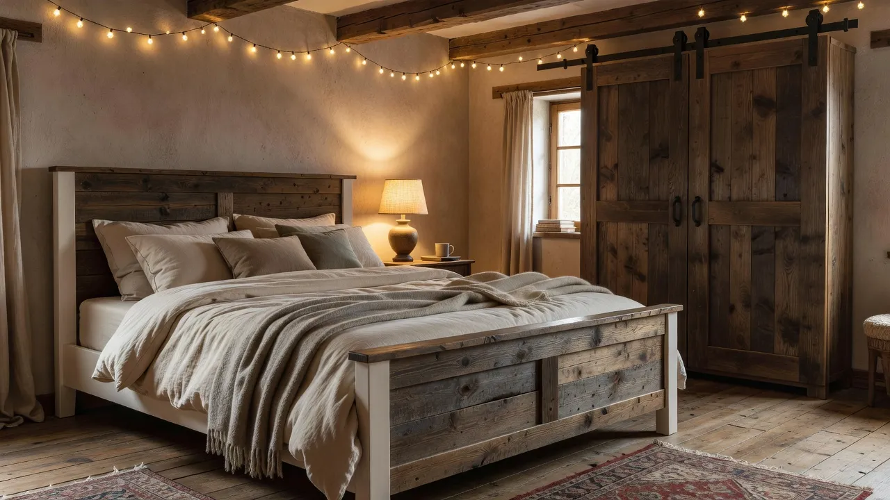 Two-tone white and dark wood farmhouse style bedroom set with matching dresser.