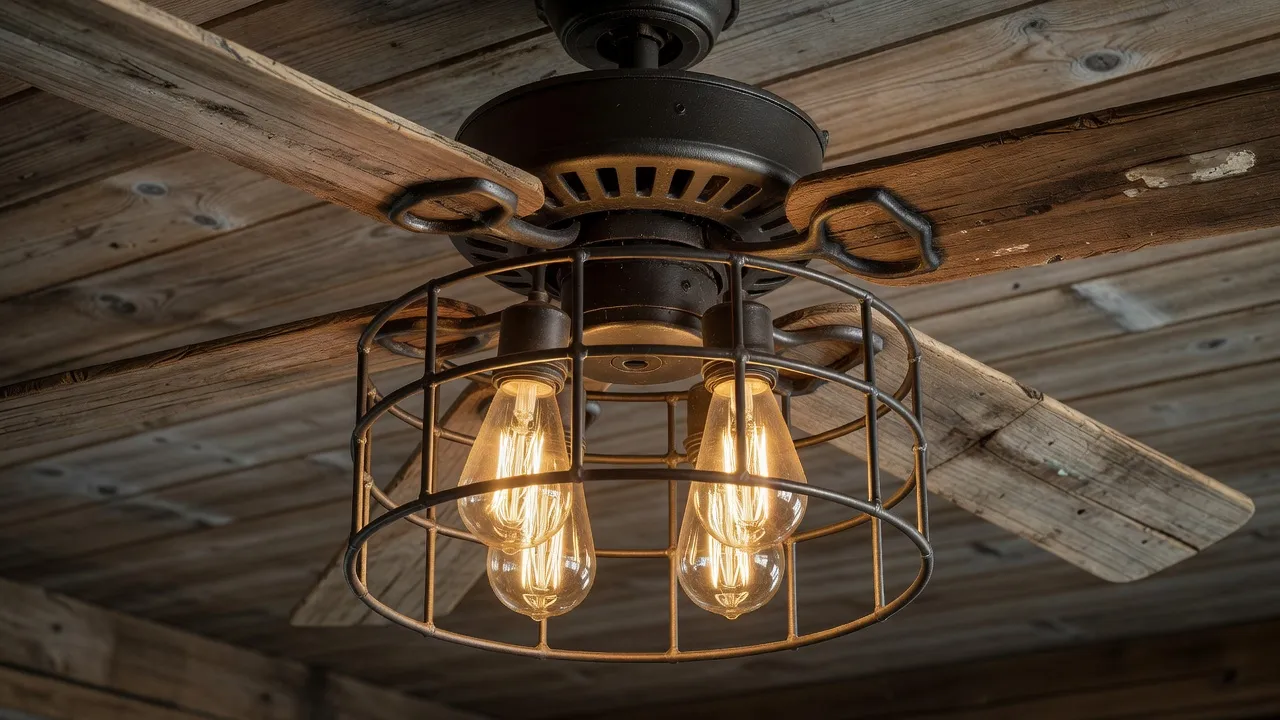 Close-up of a rustic industrial ceiling fan cage light with Edison bulbs.