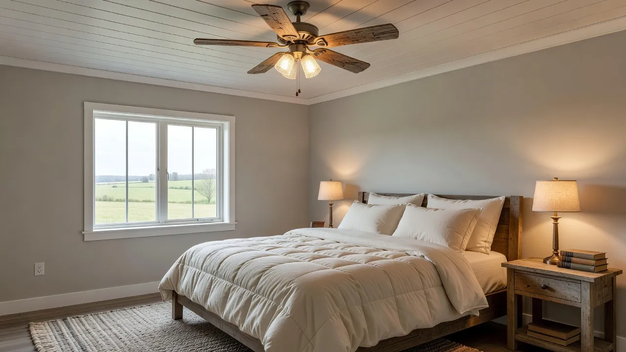Farmhouse bedroom decor with shiplap ceiling and a rustic wood blade ceiling fan.