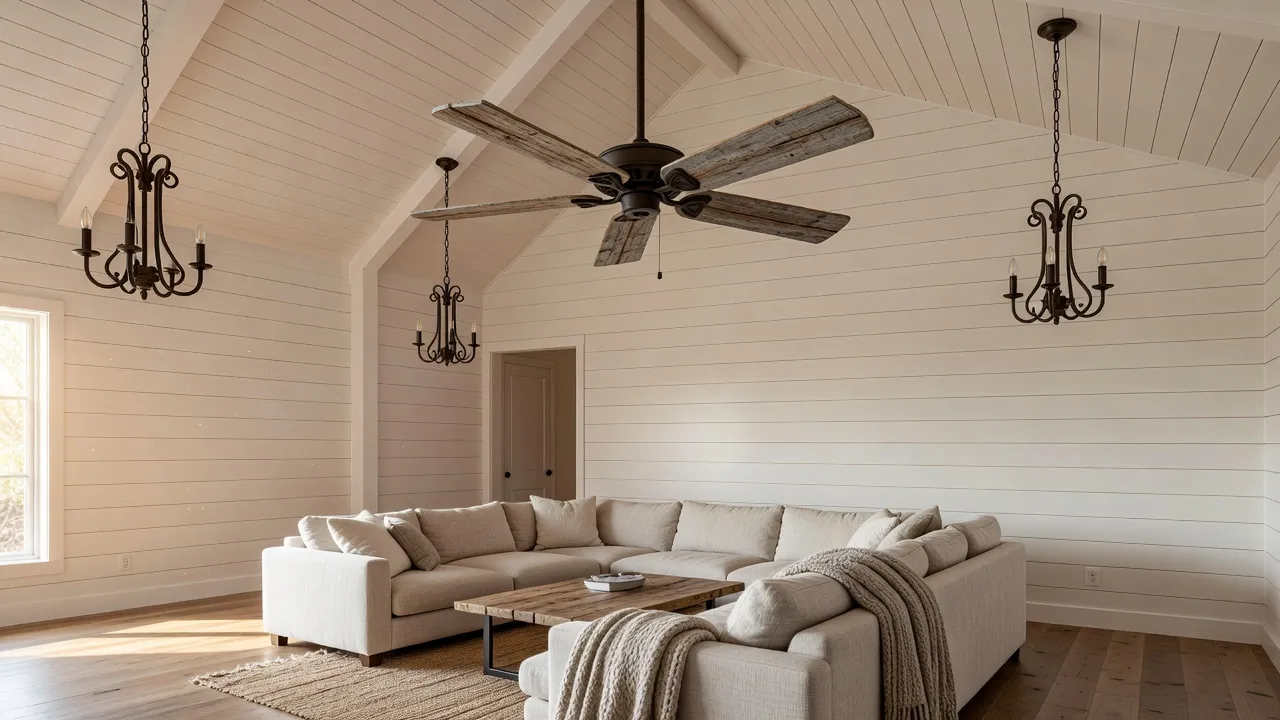 A rustic living room featuring a modern farmhouse style ceiling fan with barnwood blades on a high ceiling.