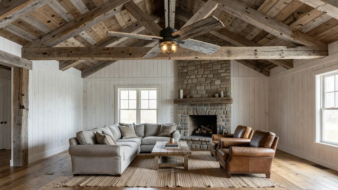 Modern farmhouse style ceiling fan installed in a vaulted ceiling living room with rustic wood accents.