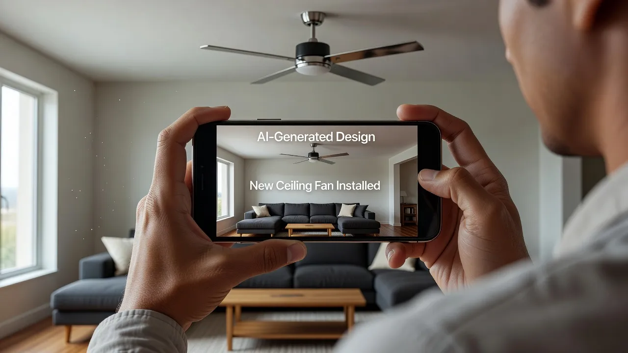 Previewing farmhouse style ceiling fan placement using a mobile interior design app.