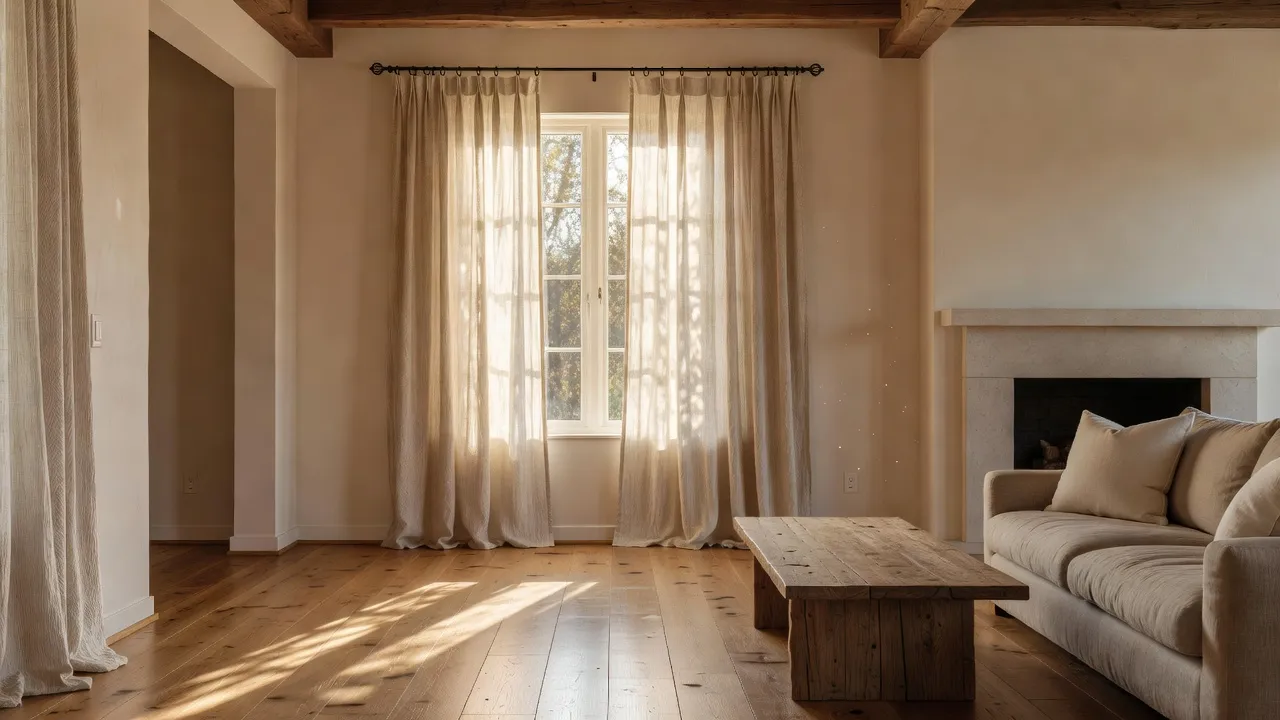 Jinchan light filtering linen textured farmhouse curtains hanging in a bright living room.
