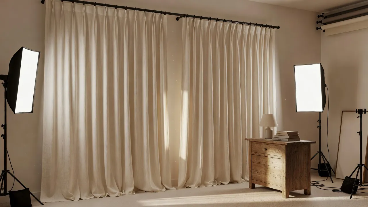 Rustic IKEA RITVA curtains hanging in a farmhouse bedroom with a black metal rod.