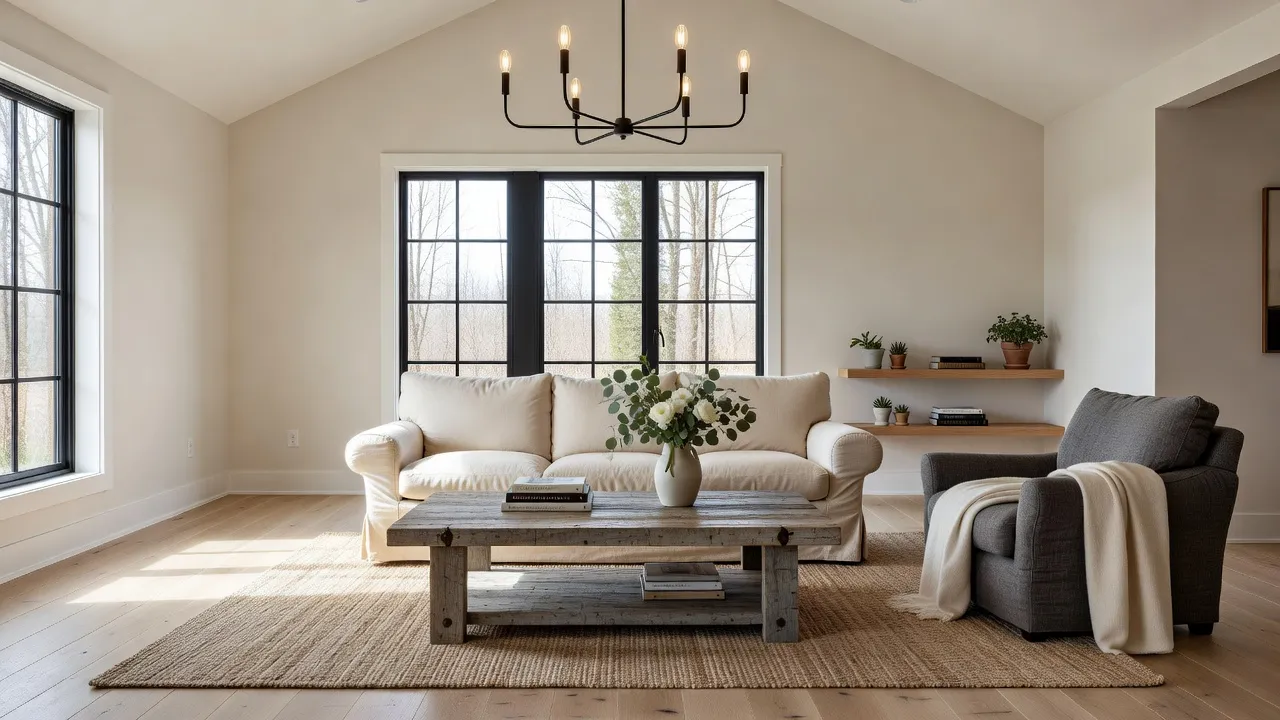 Bright living room decorated in modern farmhouse style featuring a slipcovered sofa, wooden coffee table, and matte black chandelier.