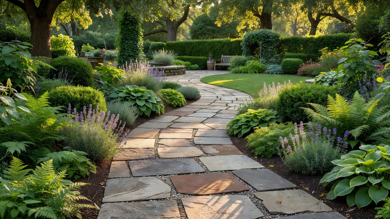A scenic winding flagstone walkway surrounded by flowering plants in a residential backyard garden.