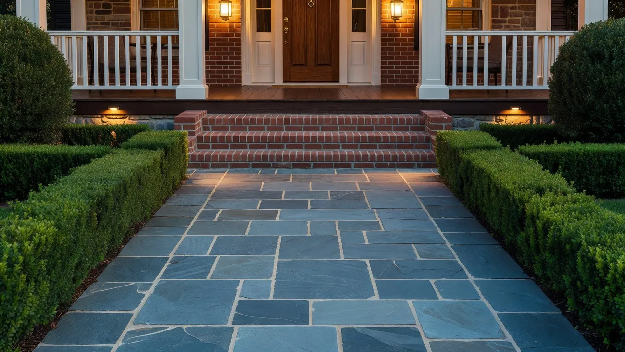 Mortared blue ashlar flagstone entry walkway leading to a suburban front door with manicured landscaping.
