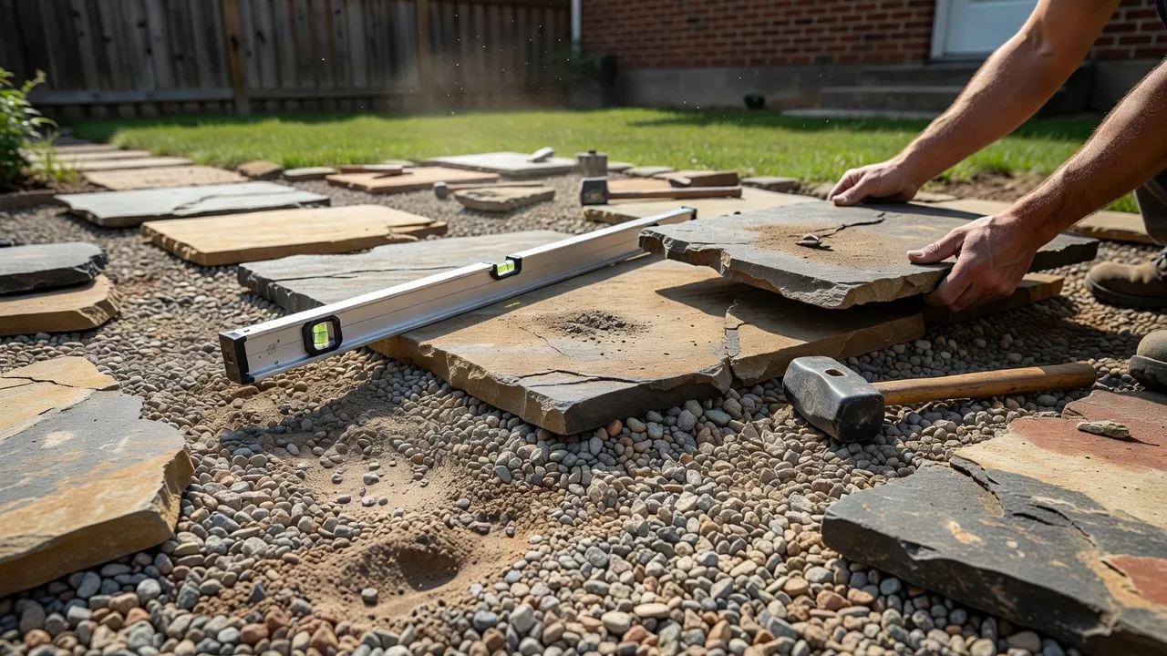 Step-by-step DIY dry-laid flagstone walkway installation showing gravel base layer, leveling tools, and natural stones.