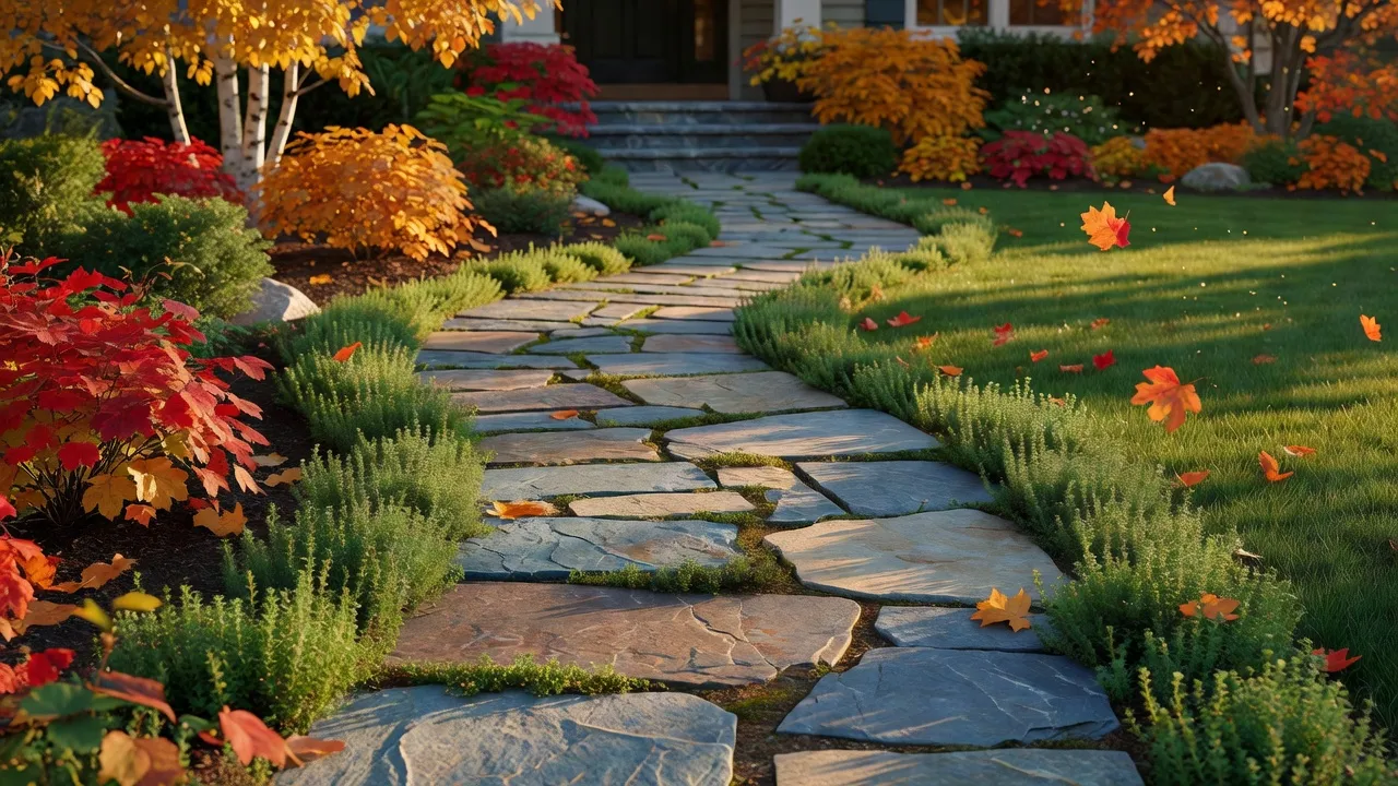Winding bluestone flagstone walkway with creeping green thyme joints running through a home garden in autumn.
