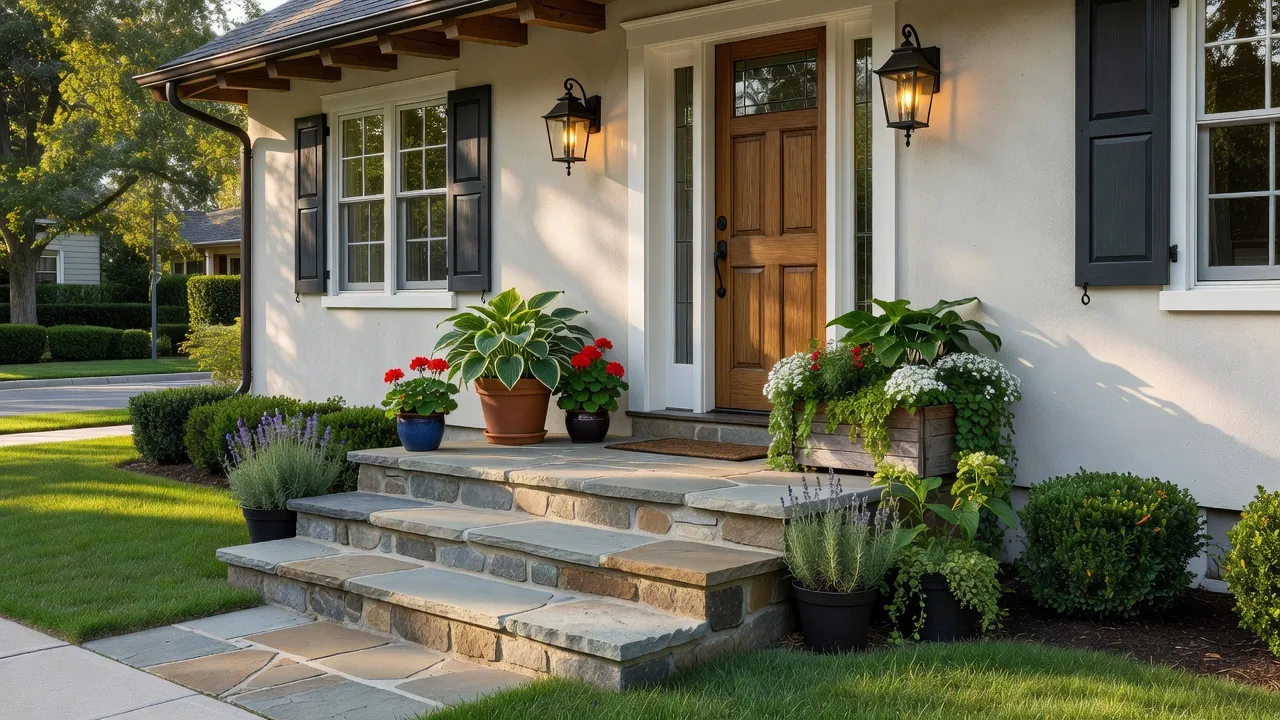 Modern residential front stoop with bluestone steps and black steel railings