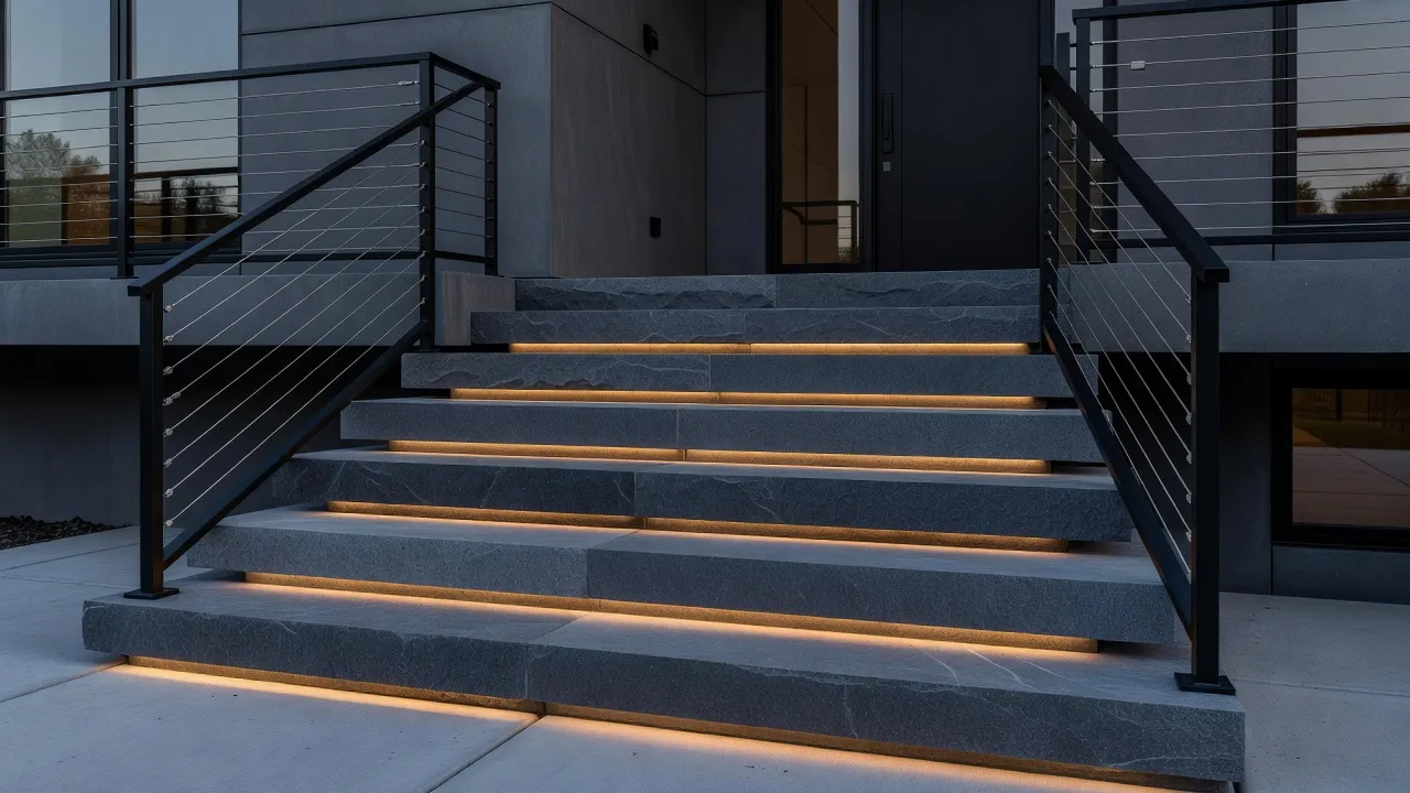 Modern bluestone front stoop with black iron railings and integrated LED step riser lighting.