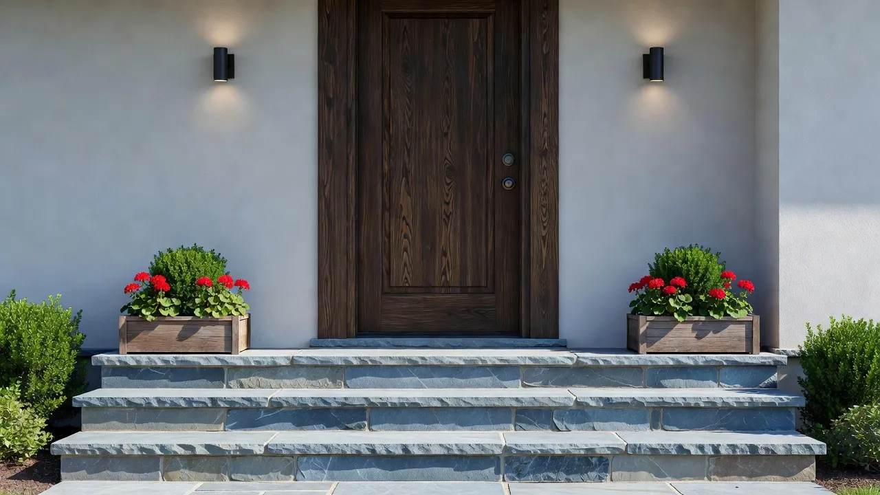Natural bluestone front stoop steps leading to a modern dark entryway.
