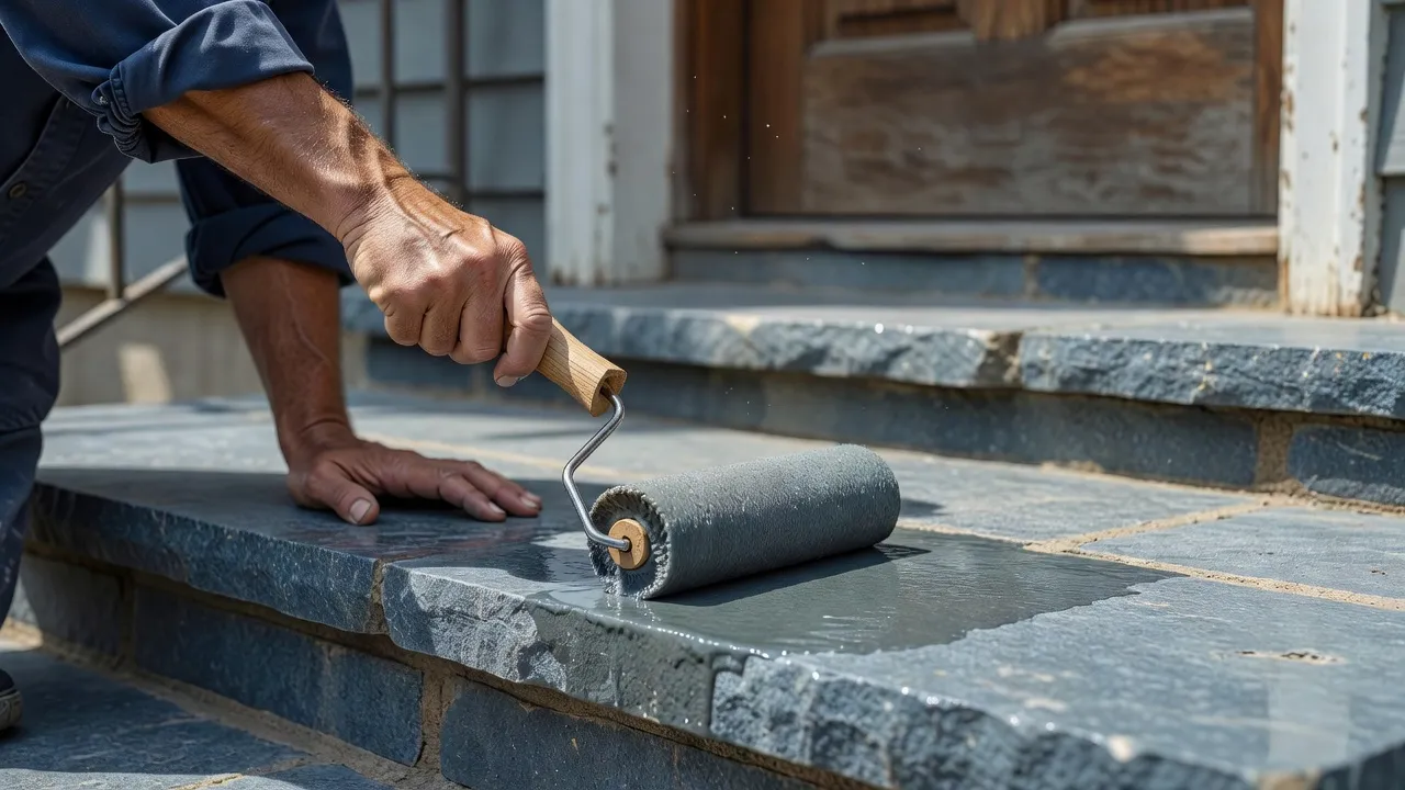 Sealing natural stone steps on a front stoop to protect against freeze-thaw damage.
