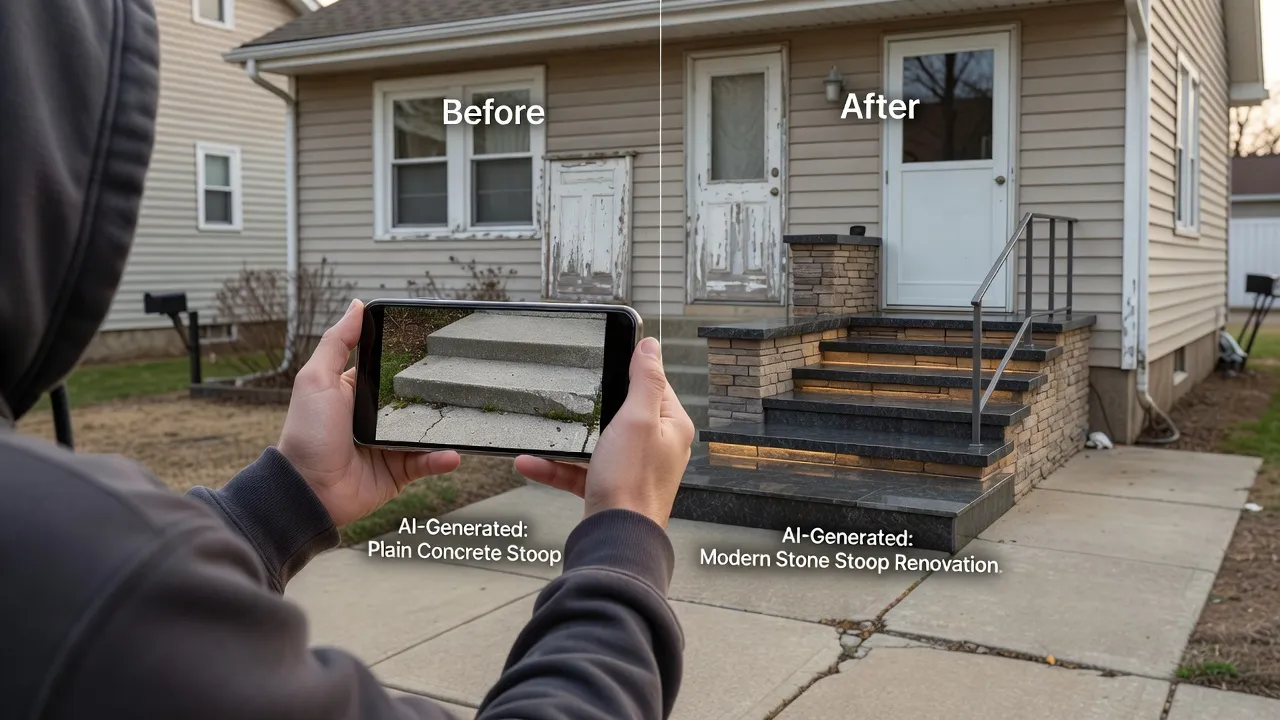 Smartphone user visualizing a front stoop remodel using exterior design software.
